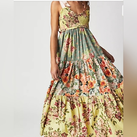 Free People Blue Bell Maxi Dress Layered Ruffles Multi Colored Smocked, L - Picture 3 of 16